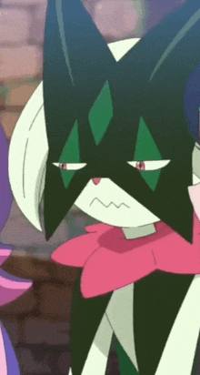 a close up of a cartoon character with a black and white face