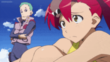 a girl with red hair is sitting next to a man with green hair in an anime scene