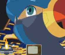 a pixel art of a cartoon character with a tv and a fire