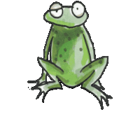 a cartoon frog with big eyes is sitting on a white background .
