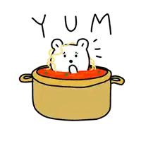 a cartoon of a bear sitting in a pot of spaghetti with the word yum written above it .