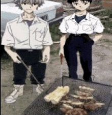 a couple of anime characters standing next to a grill with food on it .