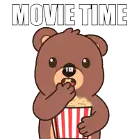 a cartoon of a bear eating popcorn with the words movie time above him