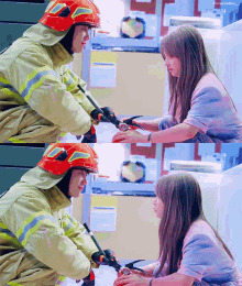 a man in a fireman 's uniform holds a woman 's hand while she holds a fire extinguisher