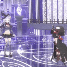 two anime girls are standing next to each other on a stage in a video game .