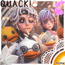 a picture of a boy and a girl with a duck that says quack on it