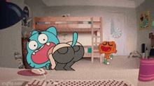 gumball from the amazing world of gumball is sitting on the floor in a bedroom .