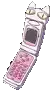 a pink flip phone with a cat face and a red hand .
