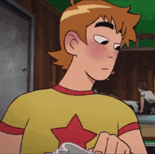 a cartoon character wearing a yellow shirt with a red star on the front