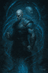 a painting of a man with a blue light coming out of his hand
