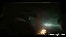 a group of people standing around a fire in the dark .
