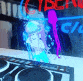 a computer screen shows a girl dancing in front of a neon sign that says cyber