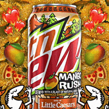 a can of mtn dew mango rush is surrounded by pizza and fruit