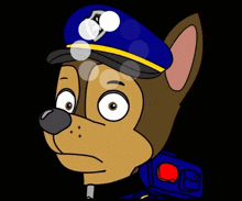 a cartoon dog wearing a blue hat with a shield on it