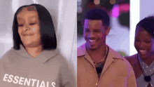 a woman wearing a hoodie that says essentials is smiling next to a man