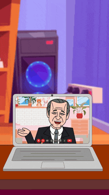 a cartoon of a man talking on a laptop screen