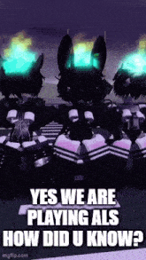 a group of robots are standing next to each other in a dark room with glowing lights .