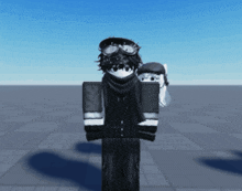 a person wearing a mask and goggles is standing on a grid