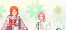 two anime characters standing next to each other with one wearing a plaid shirt with a bow