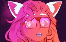 a cartoon of a girl with pink hair and glasses