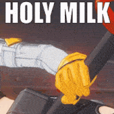 a picture of a person holding a gun with the words holy milk on it
