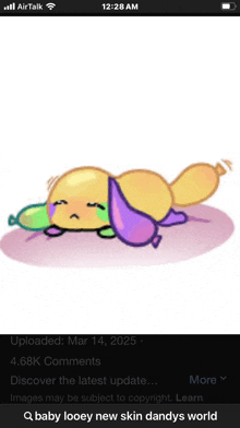 a phone screen shows a drawing of a baby looey laying on a bed