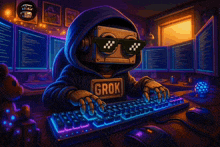 a robot wearing sunglasses is typing on a keyboard with the words $ grok is code below it