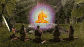 a group of people are sitting in a circle in front of a statue of buddha