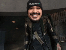 a man wearing a black beanie with the word multivers written on it