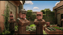 a group of minecraft villagers stand in a garden