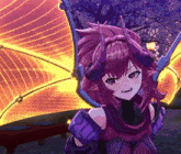 a girl with purple hair and horns is wearing purple armor