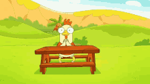 a cartoon chicken is sitting at a picnic table with a palm tree on its head