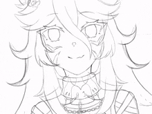 a black and white drawing of a girl wearing a chain around her neck