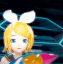 a cartoon girl with yellow hair and blue eyes is holding a fan