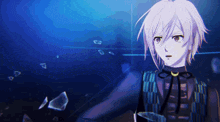 a cartoon character with white hair and a crescent moon on his neck
