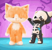 two stuffed animals are standing next to each other one is a cat and the other is a dog