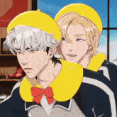 a man wearing a yellow beret and a yellow collar is hugging another man