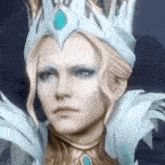 a close up of a woman wearing a crown and a feathered coat .