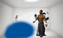 a shirtless man in a room with a blue circle in the middle