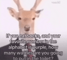 a deer wearing a suit and tie is talking about socks and waffles