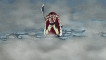 a man in a red cape is holding a sword in the air