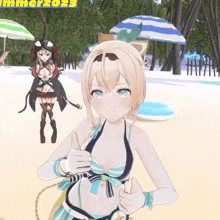 a girl in a bikini is giving a thumbs up in front of a sign that says summer 2023