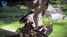 a video game character is sitting in the grass with a sword in her hand .