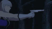 a woman in a purple dress is holding a gun with the number 00 on it