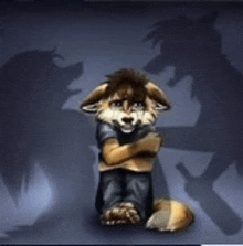 a cartoon fox is sitting with his arms crossed in front of a shadow of another fox