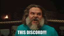 a man with a beard and a blue shirt says " this discord "