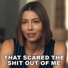 a woman says that scared the shit out of me while wearing a striped shirt