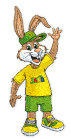 a cartoon bunny wearing a green hat and a yellow shirt that says pland on it