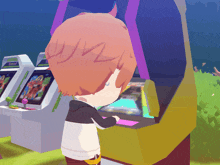 a cartoon character is playing a video game with a screen that says " arcade "