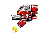 a pixel art drawing of a robot with a cannon and a bullet coming out of it .